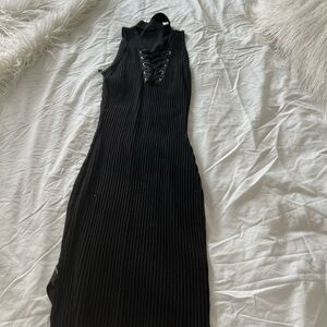 Elegant Black Lace-Up Ribbed Dress